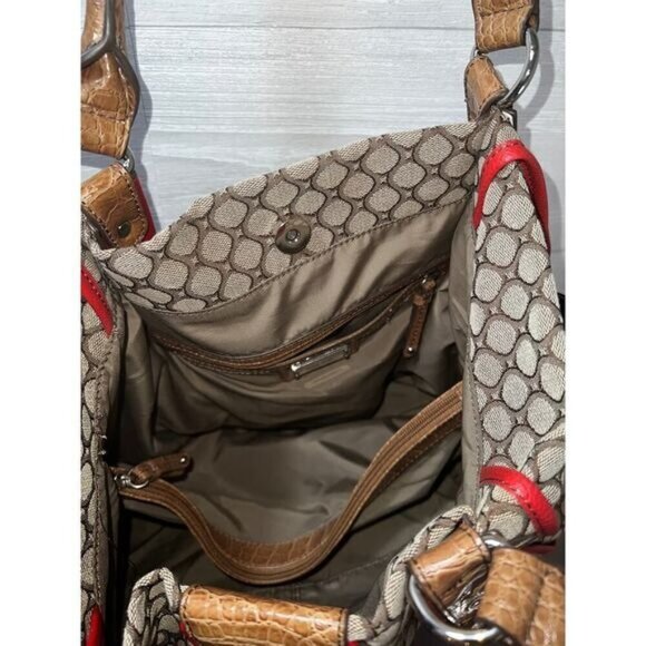 Brown & Red Circle Printed Shoulder Bag With Faux Croc Leather Straps & Padlock - Picture 4 of 12